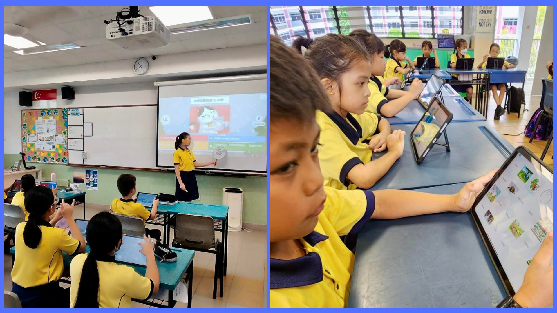 Four students in yellow uniforms stand before a Kahoot screen; a girl reads a colorful book with a microphone.